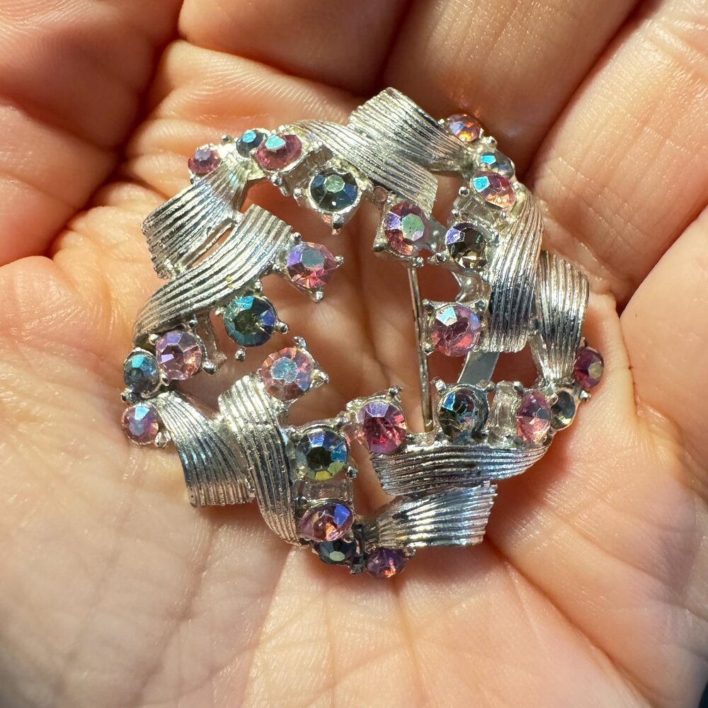 Vintage Rhinestone Wreath Brooch Silver Tone AB Crystal Pin